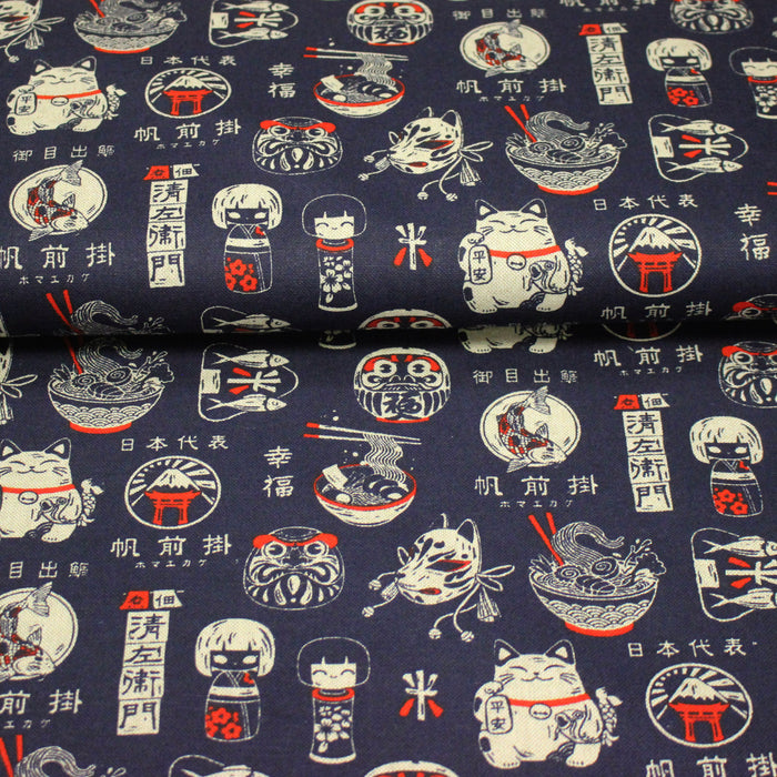 Tissu coton demi natté Symboles & porte-bonheurs japonais, bleu et rouge - OEKO-TEX STANDARD 100