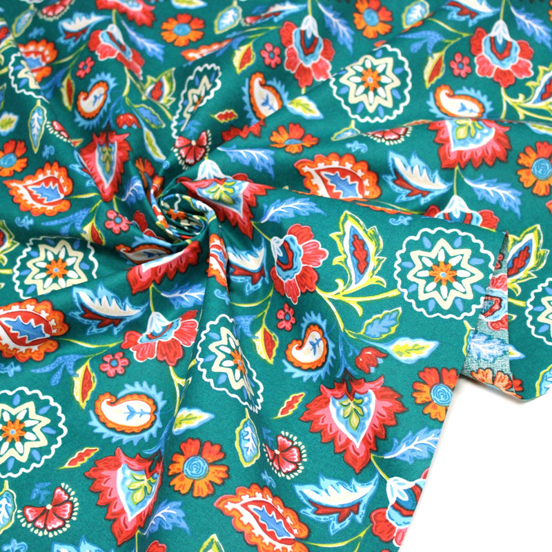 Tissu cotonnade JARDIN DE BENGALE, Fleuri indien, 4 couleurs : rose / céladon / vert / noir - OEKO-TEX STANDARD 100 - TissusPapi.com