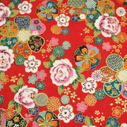 Tissu cotonnade motifs japonais traditionnels : fleuris multicolores, fond bleu ou rouge - COLLECTION JAPON DORÉ - TissusPapi.com