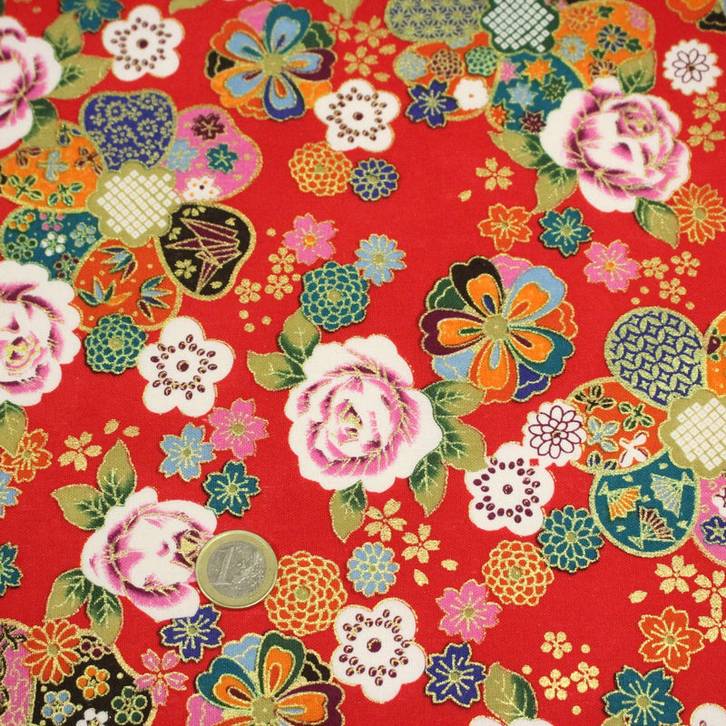 Tissu cotonnade motifs japonais traditionnels : fleuris multicolores, fond bleu ou rouge - COLLECTION JAPON DORÉ - TissusPapi.com