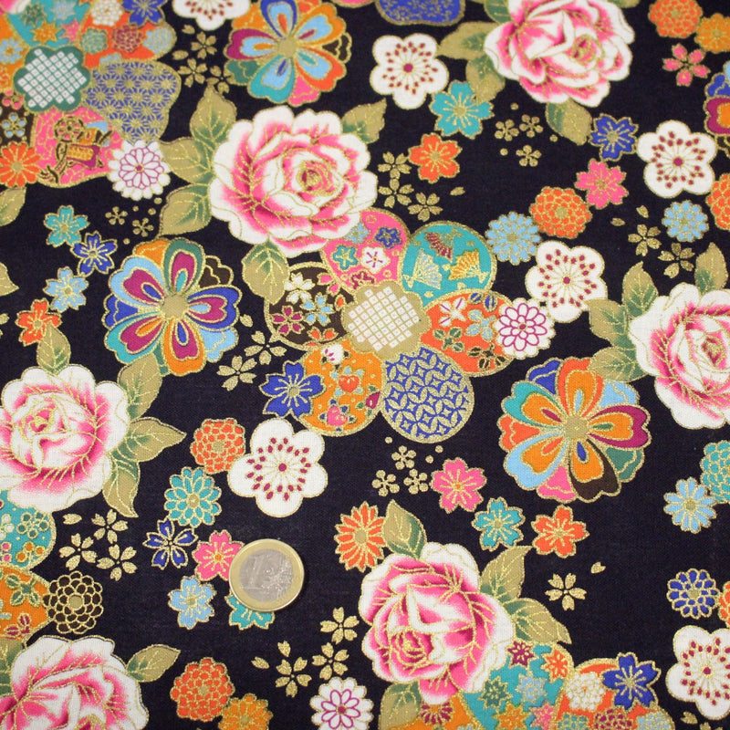Tissu cotonnade motifs japonais traditionnels : fleuris multicolores, fond bleu ou rouge - COLLECTION JAPON DORÉ - TissusPapi.com