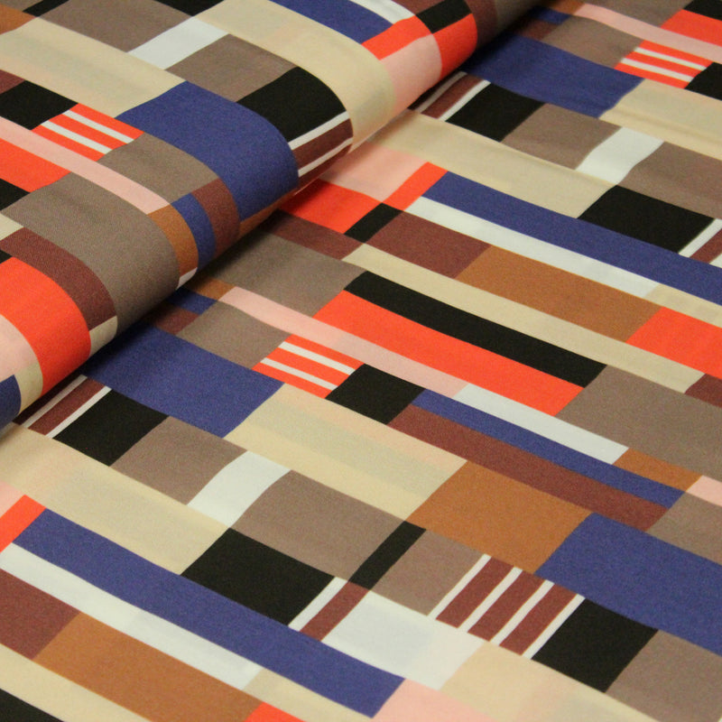 Tissu Viscose fluide WINA aux motifs géométriques rectangles bleus, oranges, marrons et écrus - OEKO - TEX STANDARD 100 - TissusPapi.com