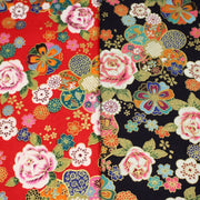 Tissu cotonnade motifs japonais traditionnels : fleuris multicolores, fond bleu ou rouge - COLLECTION JAPON DORÉ - TissusPapi.com