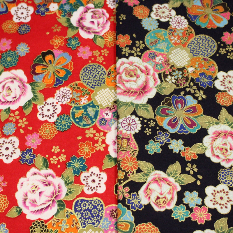 Tissu cotonnade motifs japonais traditionnels : fleuris multicolores, fond bleu ou rouge - COLLECTION JAPON DORÉ - TissusPapi.com