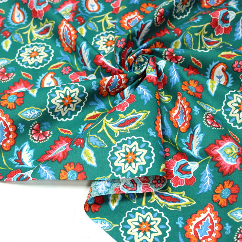 Tissu cotonnade JARDIN DE BENGALE, Fleuri indien, 4 couleurs : rose / céladon / vert / noir - OEKO-TEX STANDARD 100 - TissusPapi.com