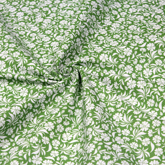 Tissu de coton fleuri, vert aux fleurs blanches - OEKO-TEX