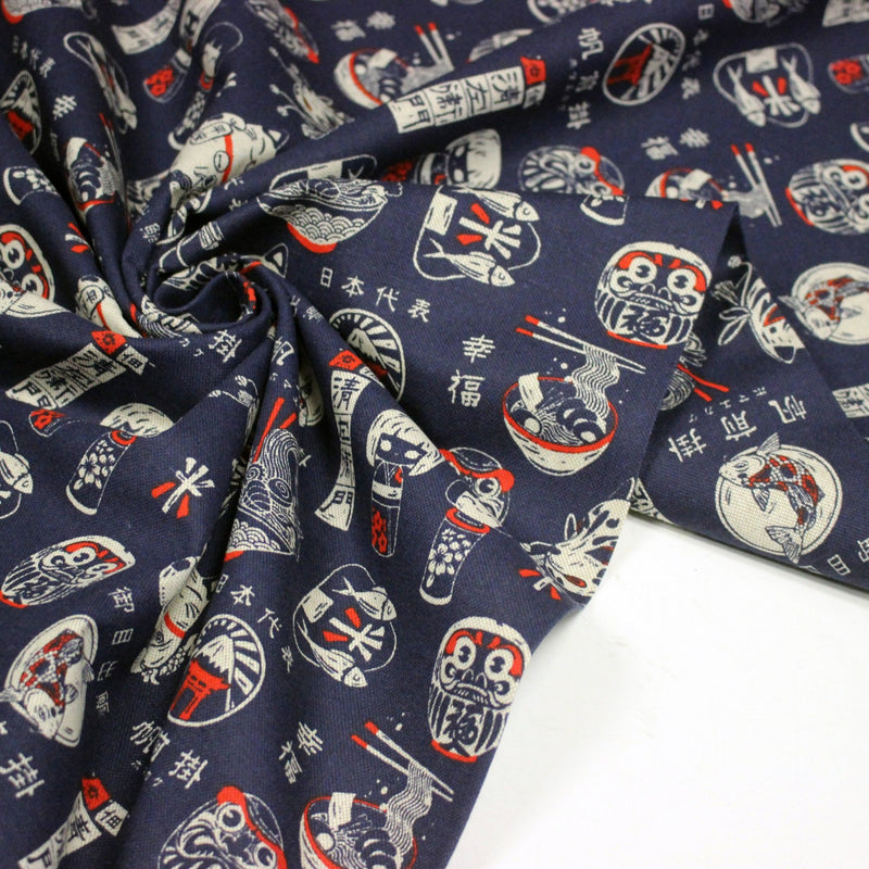 Tissu coton demi natté Symboles & porte - bonheurs japonais, bleu et rouge - OEKO - TEX STANDARD 100 - TissusPapi.com