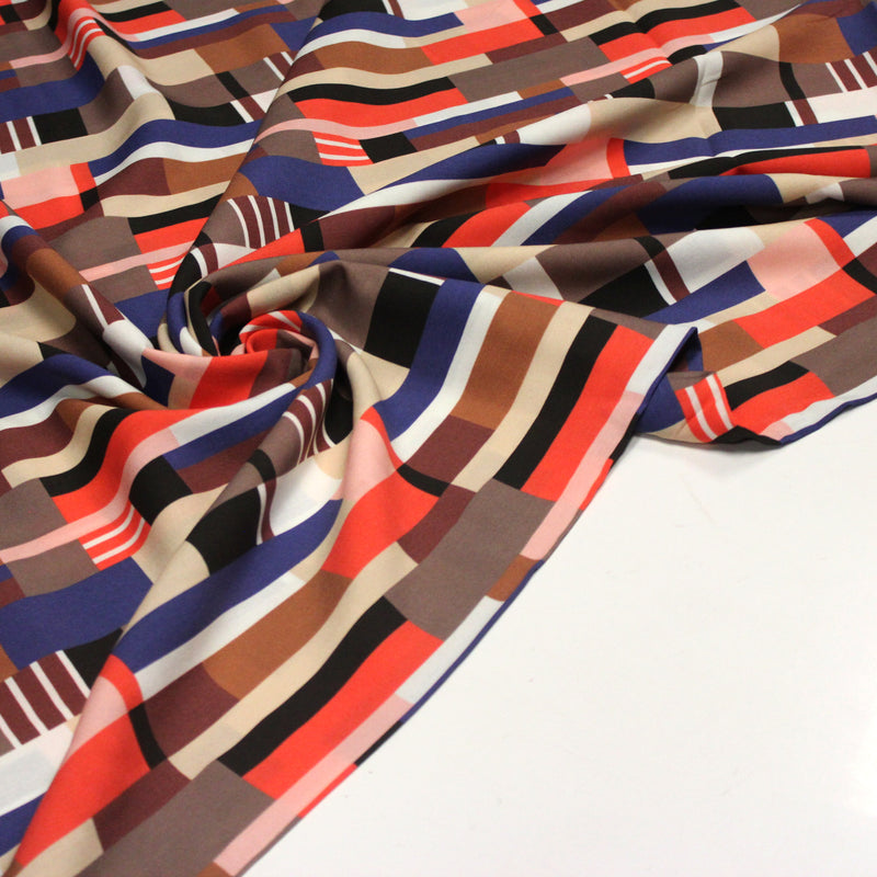 Tissu Viscose fluide WINA aux motifs géométriques rectangles bleus, oranges, marrons et écrus - OEKO - TEX STANDARD 100 - TissusPapi.com