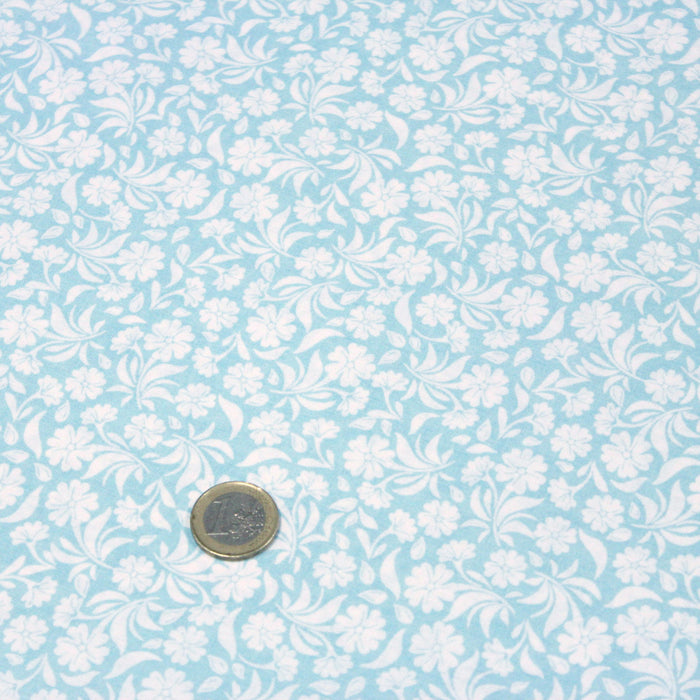 Tissu de coton fleuri, bleu ciel aux fleurs blanches - OEKO-TEX