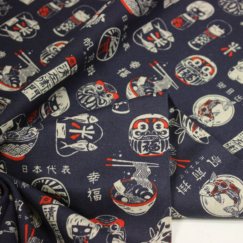Tissu coton demi natté Symboles & porte - bonheurs japonais, bleu et rouge - OEKO - TEX STANDARD 100 - TissusPapi.com