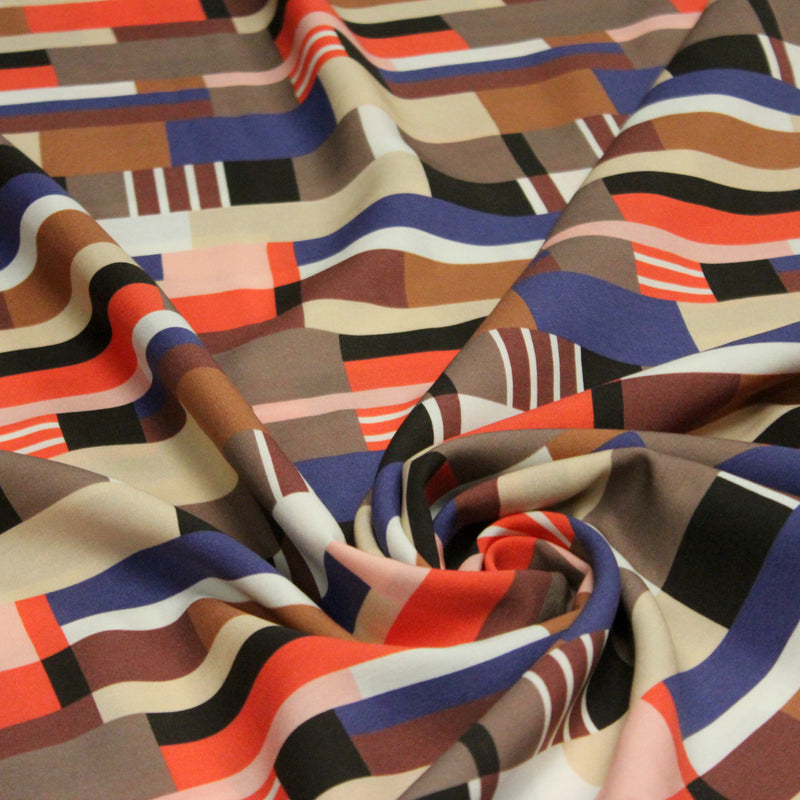 Tissu Viscose fluide WINA aux motifs géométriques rectangles bleus, oranges, marrons et écrus - OEKO - TEX STANDARD 100 - TissusPapi.com