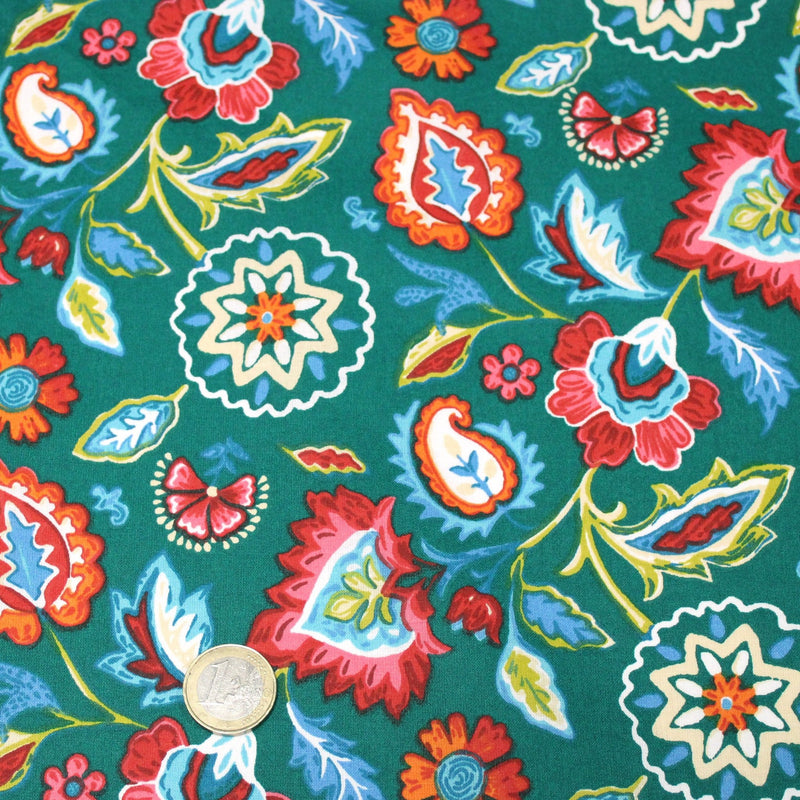 Tissu cotonnade JARDIN DE BENGALE, Fleuri indien, 4 couleurs : rose / céladon / vert / noir - OEKO-TEX STANDARD 100 - TissusPapi.com