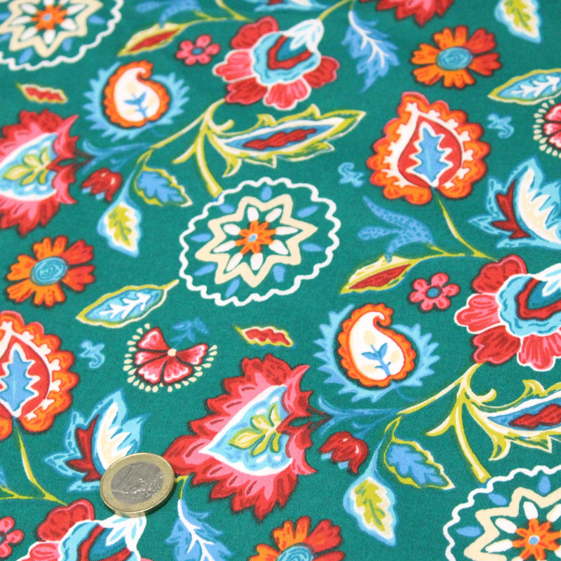 Tissu cotonnade JARDIN DE BENGALE, Fleuri indien, 4 couleurs : rose / céladon / vert / noir - OEKO-TEX STANDARD 100 - TissusPapi.com