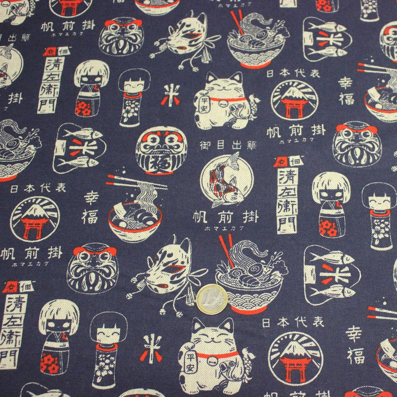 Tissu coton demi natté Symboles & porte - bonheurs japonais, bleu et rouge - OEKO - TEX STANDARD 100 - TissusPapi.com