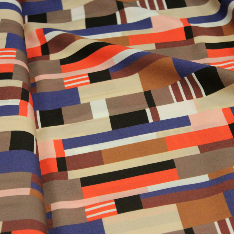 Tissu Viscose fluide WINA aux motifs géométriques rectangles bleus, oranges, marrons et écrus - OEKO - TEX STANDARD 100 - TissusPapi.com