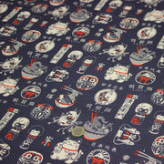 Tissu coton demi natté Symboles & porte - bonheurs japonais, bleu et rouge - OEKO - TEX STANDARD 100 - TissusPapi.com