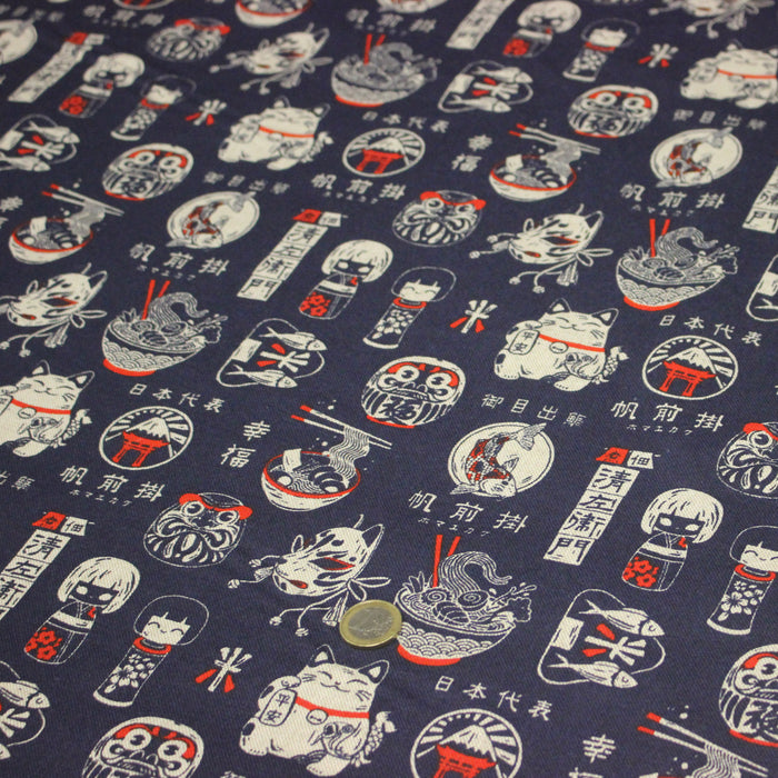 Tissu coton demi natté Symboles & porte-bonheurs japonais, bleu et rouge - OEKO-TEX STANDARD 100