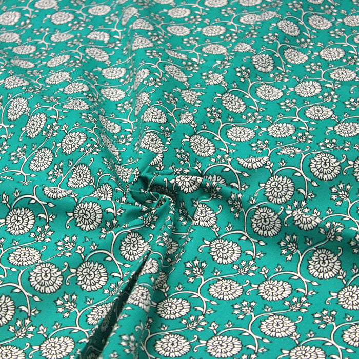 Tissu cotonnade motif fleuri indien vert émeraude, noir et blanc - COLLECTION KALAMKARI