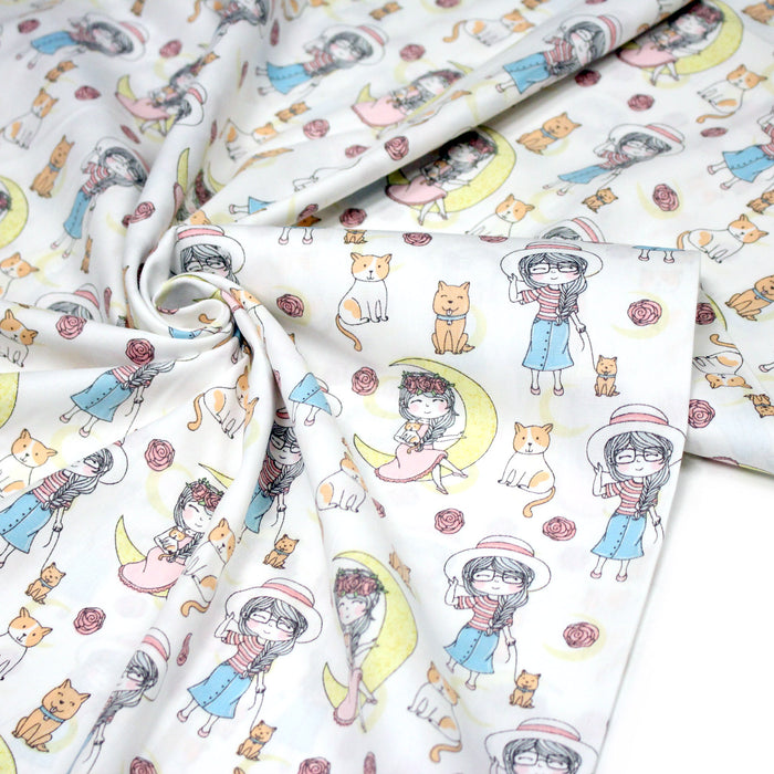 Tissu popeline coton aux petits filles, chats, chiens et roses - TissusPapi.com