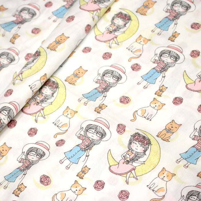 Tissu popeline coton aux petits filles, chats, chiens et roses - TissusPapi.com
