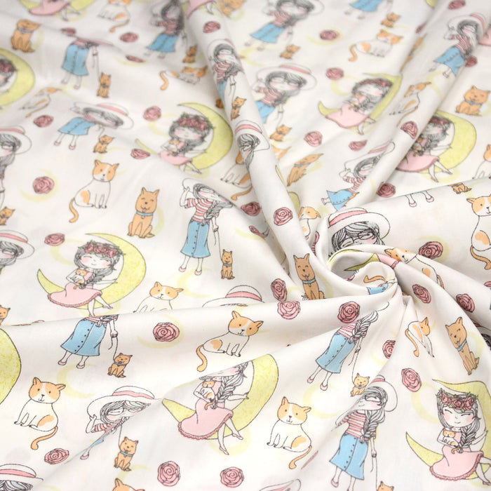 Tissu popeline coton aux petits filles, chats, chiens et roses - TissusPapi.com