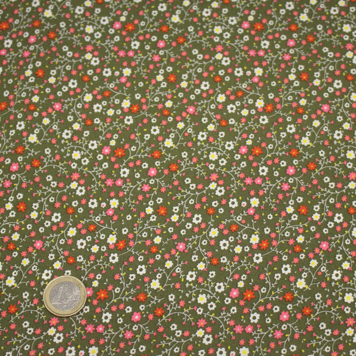 Tissu popeline de viscose vert kaki aux fines fleurs blanches et roses - Fabrication française - OEKO-TEX