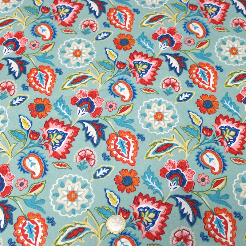 Tissu cotonnade JARDIN DE BENGALE, Fleuri indien, 4 couleurs : rose / céladon / vert / noir - OEKO-TEX STANDARD 100 - TissusPapi.com
