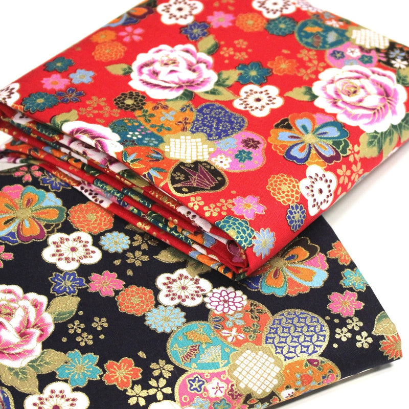 Tissu cotonnade motifs japonais traditionnels : fleuris multicolores, fond bleu ou rouge - COLLECTION JAPON DORÉ - TissusPapi.com