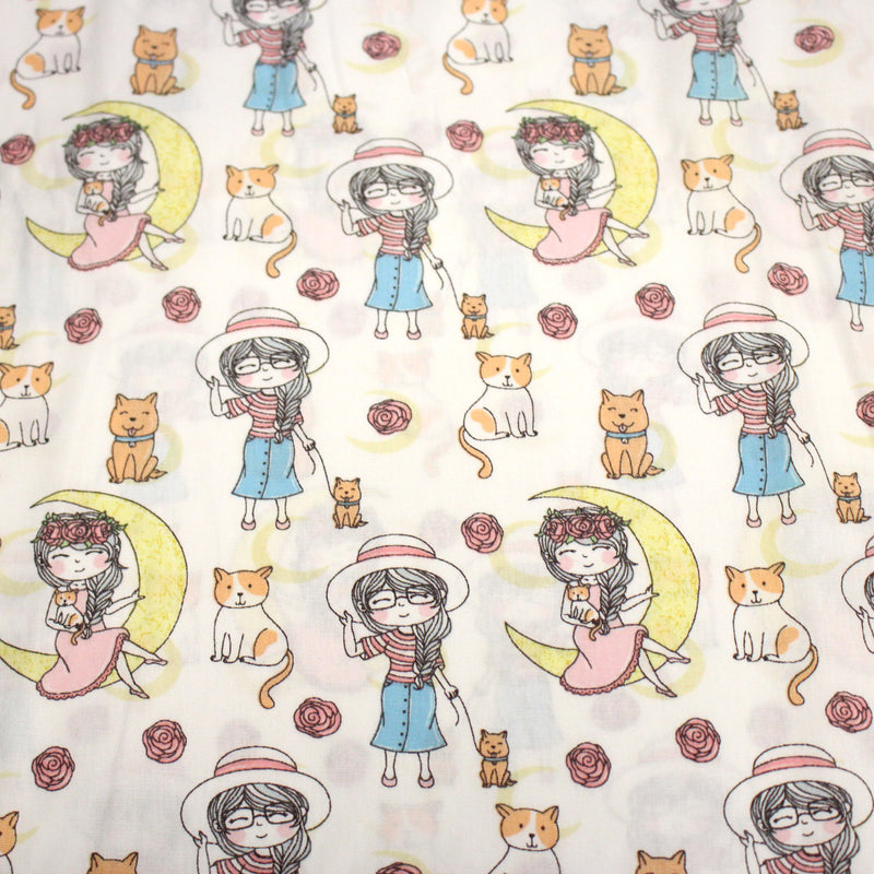 Tissu popeline coton aux petits filles, chats, chiens et roses - TissusPapi.com