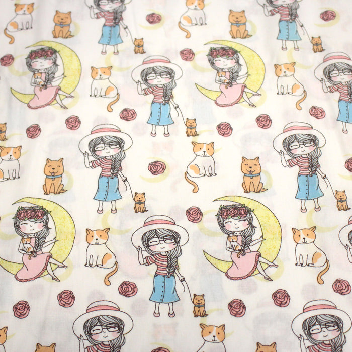 Tissu popeline coton aux petits filles, chats, chiens et roses - TissusPapi.com