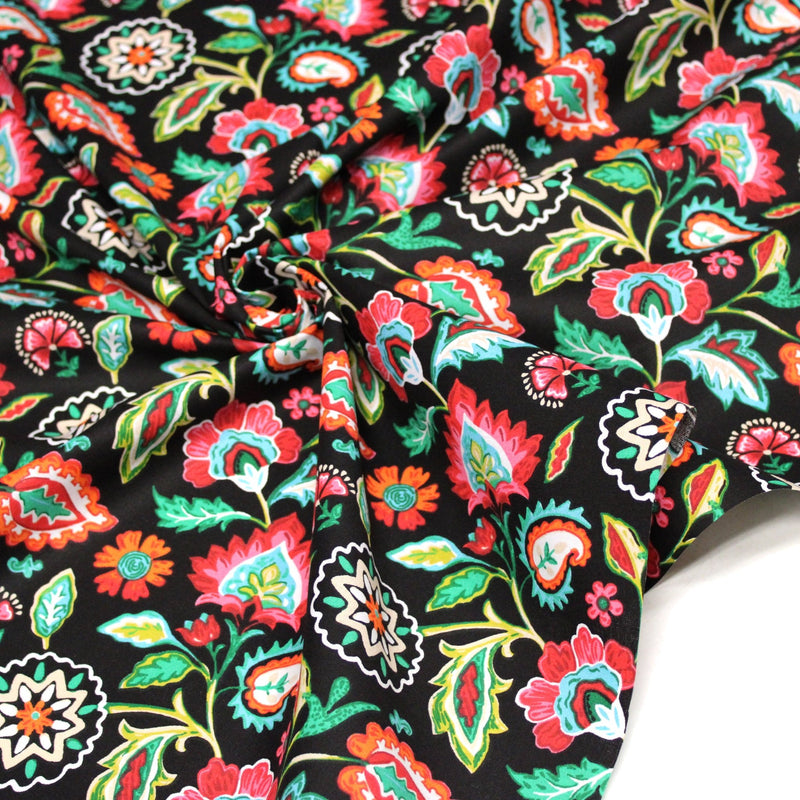 Tissu cotonnade JARDIN DE BENGALE, Fleuri indien, 4 couleurs : rose / céladon / vert / noir - OEKO-TEX STANDARD 100 - TissusPapi.com