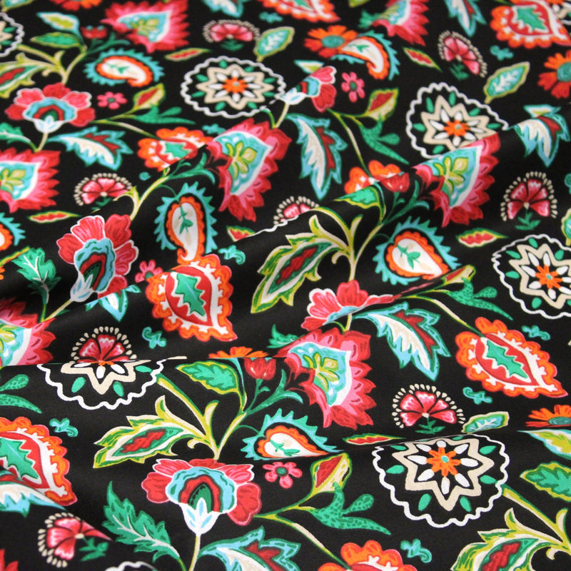 Tissu cotonnade JARDIN DE BENGALE, Fleuri indien, 4 couleurs : rose / céladon / vert / noir - OEKO-TEX STANDARD 100 - TissusPapi.com