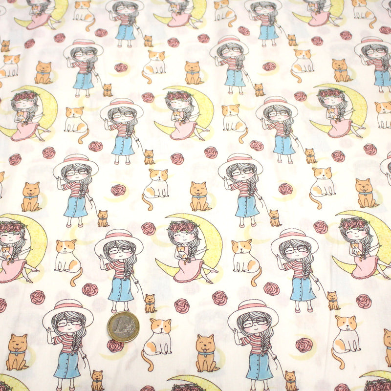 Tissu popeline coton aux petits filles, chats, chiens et roses - TissusPapi.com