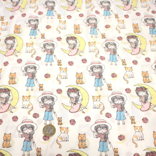 Tissu popeline coton aux petits filles, chats, chiens et roses - TissusPapi.com