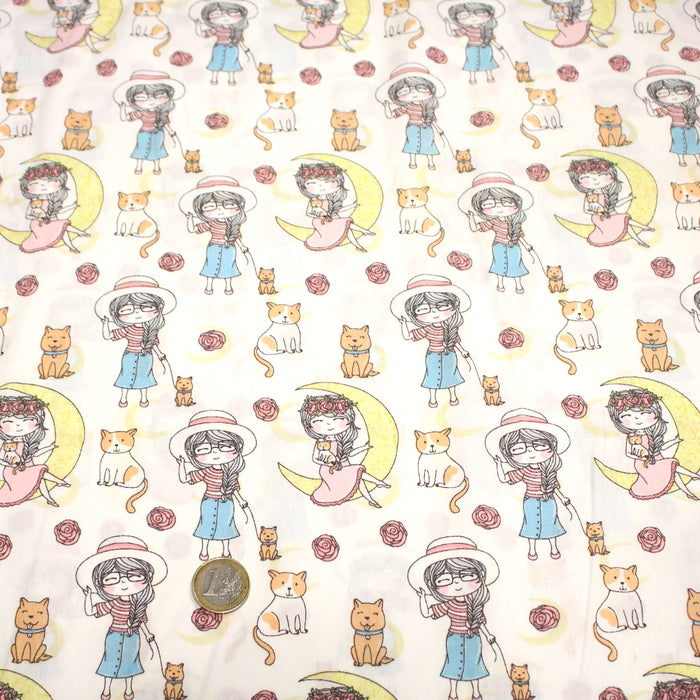 Tissu popeline coton aux petits filles, chats, chiens et roses - TissusPapi.com