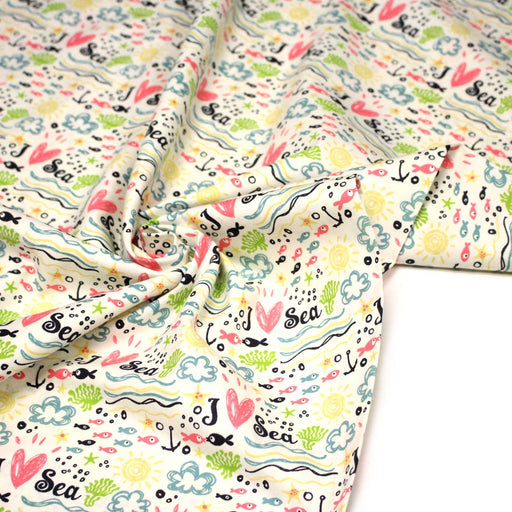 Tissu popeline coton I LOVE THE SEA, écru aux motifs marins multicolores - TissusPapi.com