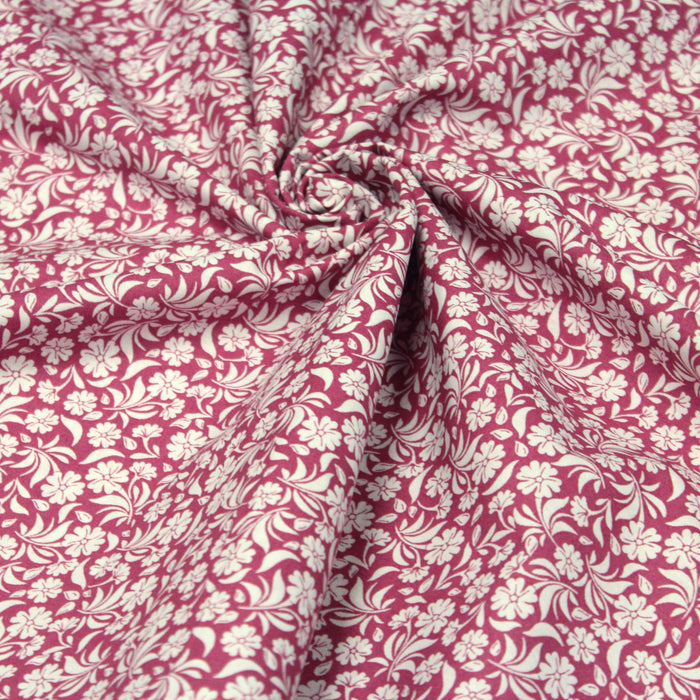 Tissu de coton fleuri, rose byzantin aux fleurs blanches - OEKO-TEX