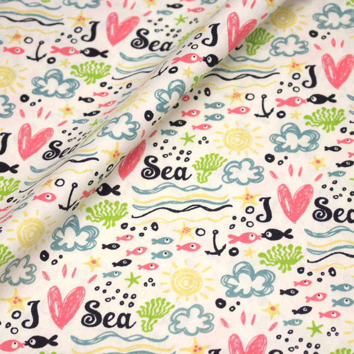 Tissu popeline coton I LOVE THE SEA, écru aux motifs marins multicolores - TissusPapi.com