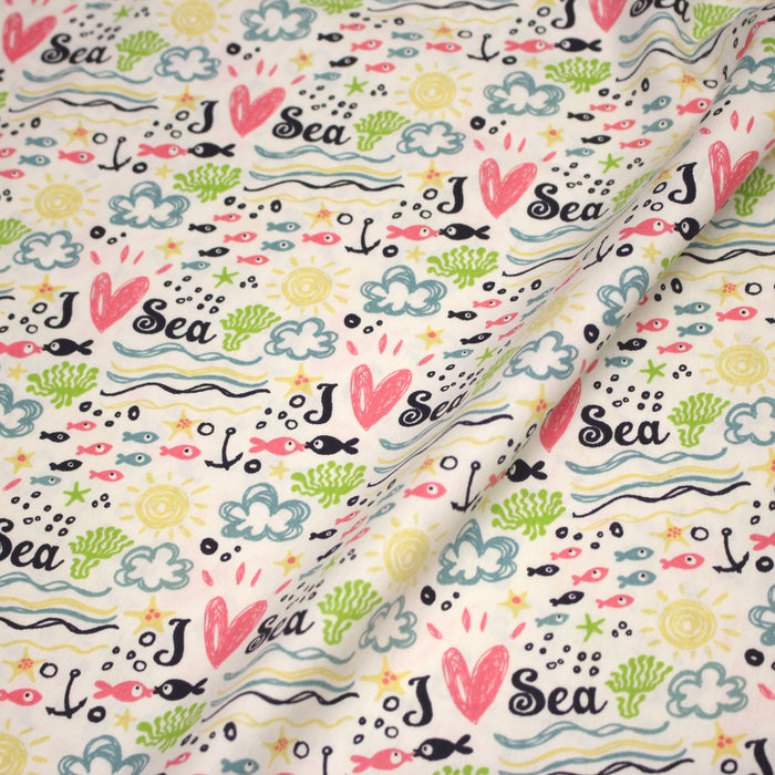 Tissu popeline coton I LOVE THE SEA, écru aux motifs marins multicolores - TissusPapi.com