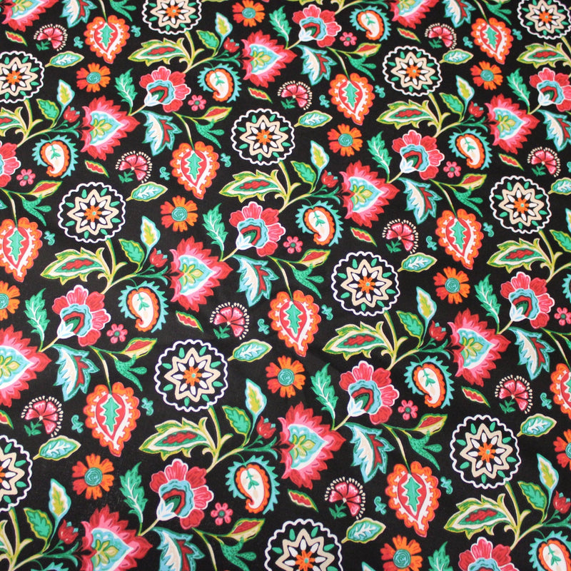 Tissu cotonnade JARDIN DE BENGALE, Fleuri indien, 4 couleurs : rose / céladon / vert / noir - OEKO-TEX STANDARD 100 - TissusPapi.com