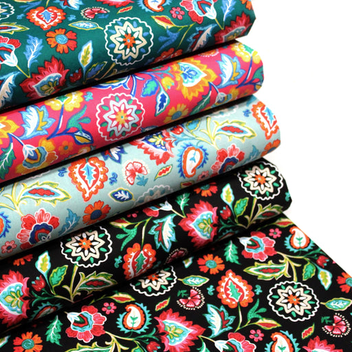 Tissu cotonnade JARDIN DE BENGALE, Fleuri indien, 4 couleurs : rose / céladon / vert / noir - OEKO-TEX STANDARD 100 - TissusPapi.com