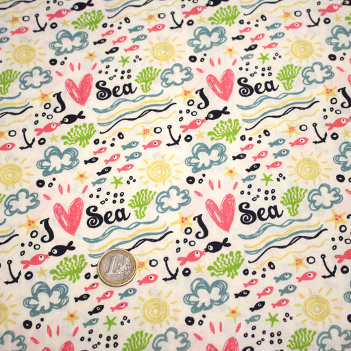 Tissu popeline coton I LOVE THE SEA, écru aux motifs marins multicolores - TissusPapi.com
