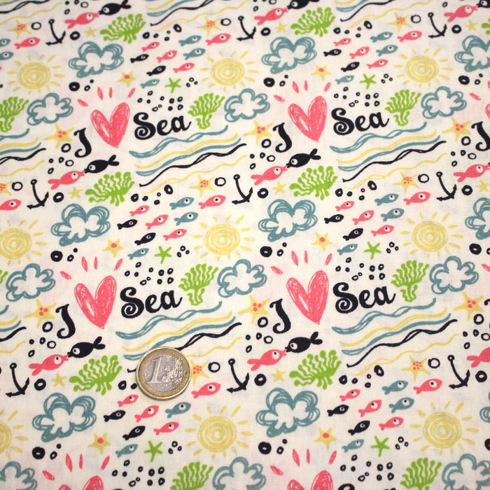 Tissu popeline coton I LOVE THE SEA, écru aux motifs marins multicolores - TissusPapi.com