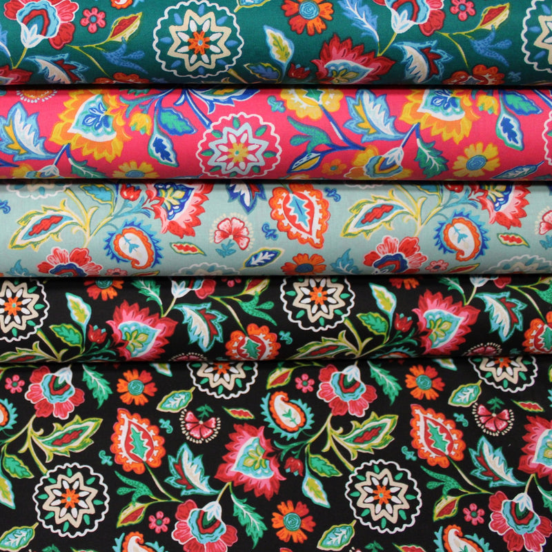 Tissu cotonnade JARDIN DE BENGALE, Fleuri indien, 4 couleurs : rose / céladon / vert / noir - OEKO-TEX STANDARD 100 - TissusPapi.com