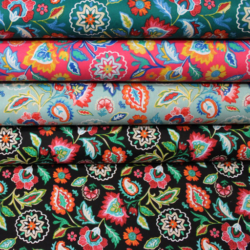 Tissu cotonnade JARDIN DE BENGALE, Fleuri indien, 4 couleurs : rose / céladon / vert / noir - OEKO-TEX STANDARD 100 - TissusPapi.com