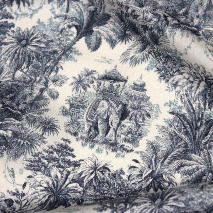 Tissu viscose fluide Toile de Jouy bleue illustration indienne, maharaja, tigres et éléphants - OEKO-TEX