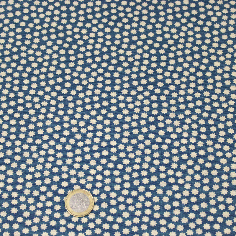 Tissu coton demi natté bleu, fleurs géométriques écrues - MADE IN JAPAN - FABRICATION JAPONAISE