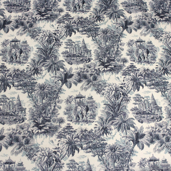 Tissu viscose fluide Toile de Jouy bleue illustration indienne, maharaja, tigres et éléphants - OEKO-TEX