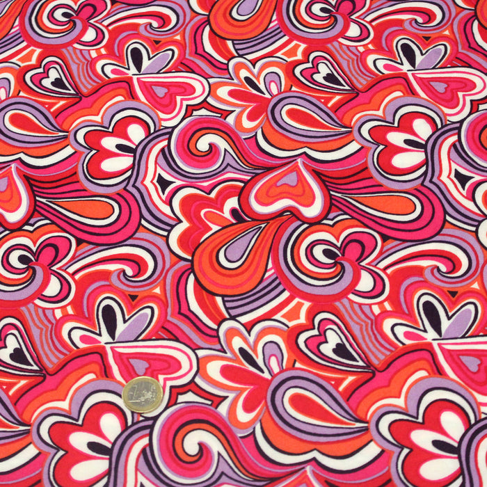 Tissu Viscose fluide MIKA aux motifs seventies psychédéliques roses, mauves, rouges - OEKO-TEX