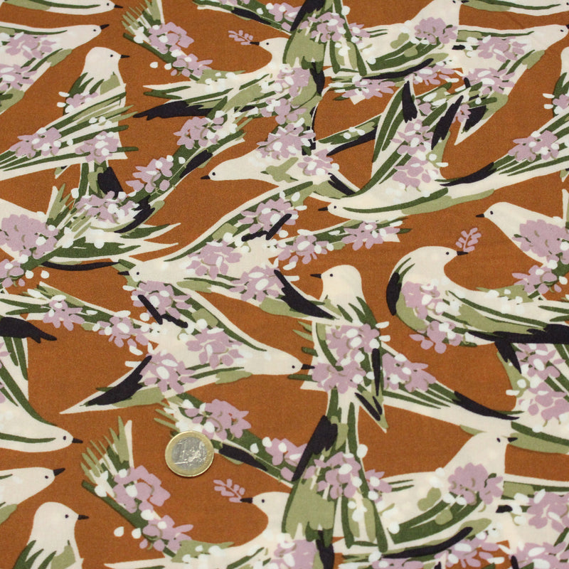 Tissu Viscose fluide OIZEA rouille aux oiseaux et fleurs parme - OEKO - TEX STANDARD 100 - TissusPapi.com